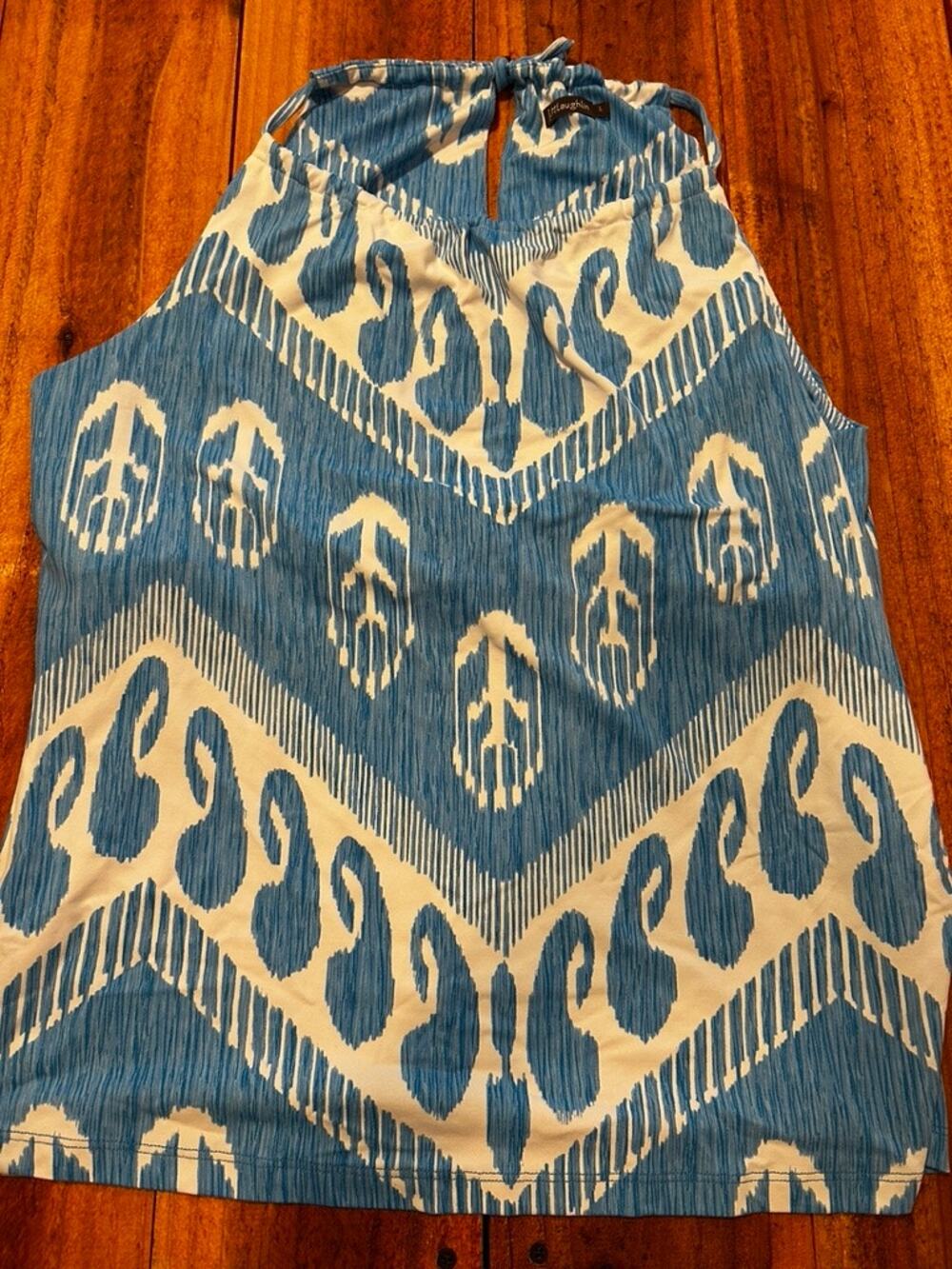 J.McLaughlin Catalina Cloth Halter Top Size L Blue White Ikat Geometric Print